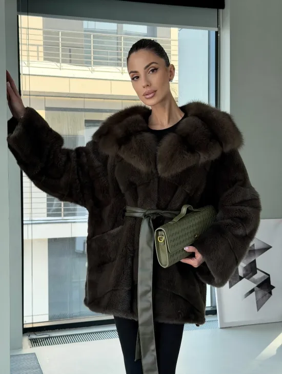 Норковое пончо шуба с капюшоном из меха куницы dark olive - фото 16