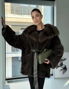 Норковое пончо шуба с капюшоном из меха куницы dark olive - фото 16