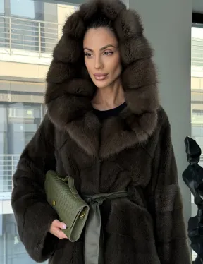 Норковое пончо шуба с капюшоном из меха куницы dark olive - фото 5