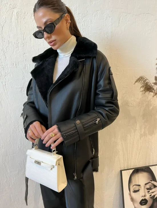 Дубленка авиатор в черном цвете из натуральной овчины