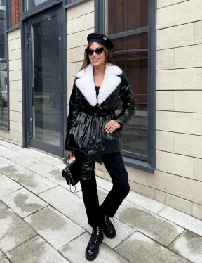 Пуховик с мехом белой норки в черном цвете