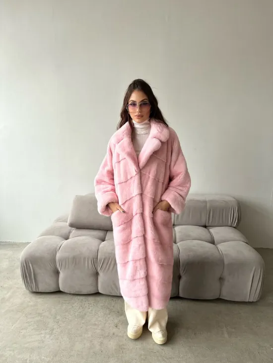 Удлиненная шуба из плюшевой норки Velvet цвет розовый