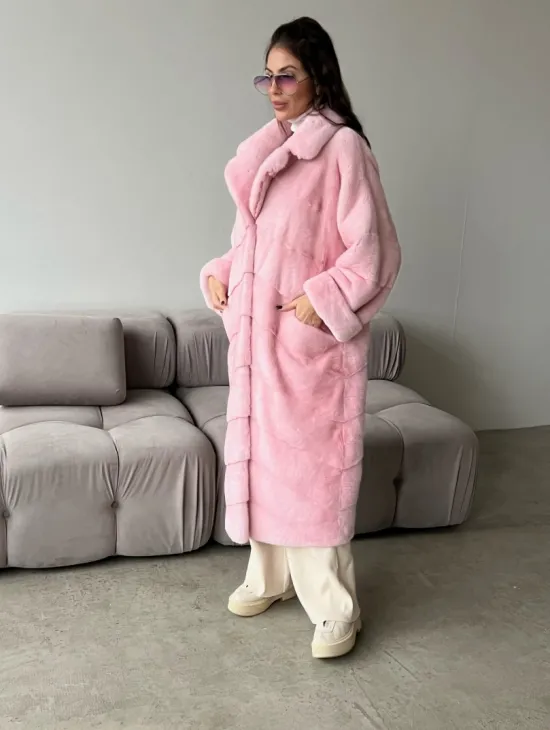 Удлиненная шуба из плюшевой норки Velvet цвет розовый