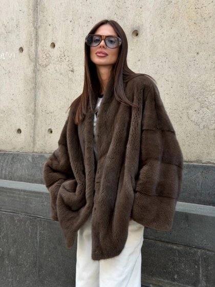 Шуба из плюшевой норки - цвет Pastel brown - фото 15