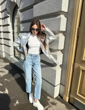 Куртка - косуха из натуральной кожи цвет серебристый