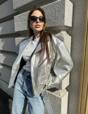 Куртка - косуха из натуральной кожи цвет серебристый