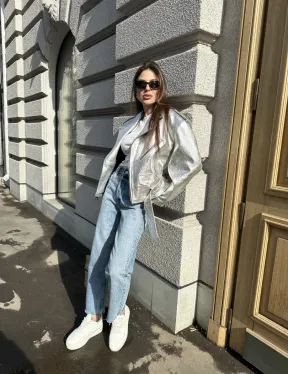 Куртка - косуха из натуральной кожи цвет серебристый