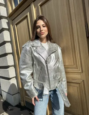 Куртка - косуха из натуральной кожи цвет серебристый