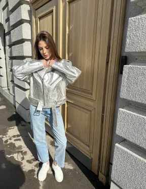 Куртка - косуха из натуральной кожи цвет серебристый