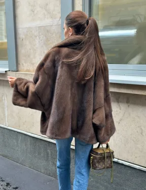 Норковый полушубок с английским воротником - цвет орех