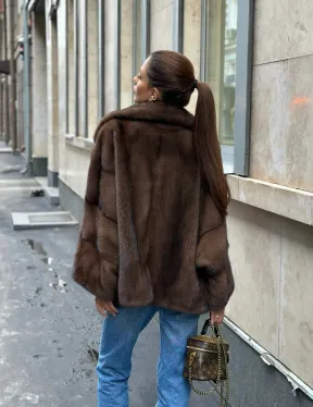 Норковый полушубок с английским воротником - цвет орех