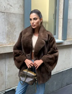 Норковый полушубок с английским воротником - цвет орех