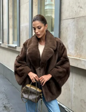 Норковый полушубок с английским воротником - цвет орех