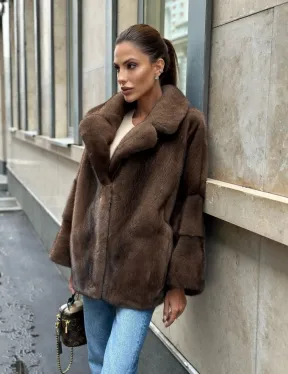Норковый полушубок с английским воротником - цвет орех