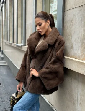 Норковый полушубок с английским воротником - цвет орех
