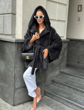 Норковая шуба с капюшоном цвет графит