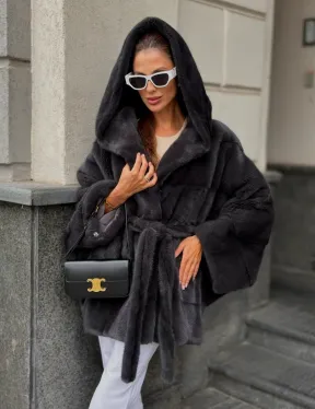 Норковая шуба с капюшоном цвет графит