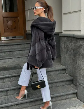Норковая шуба с капюшоном цвет графит