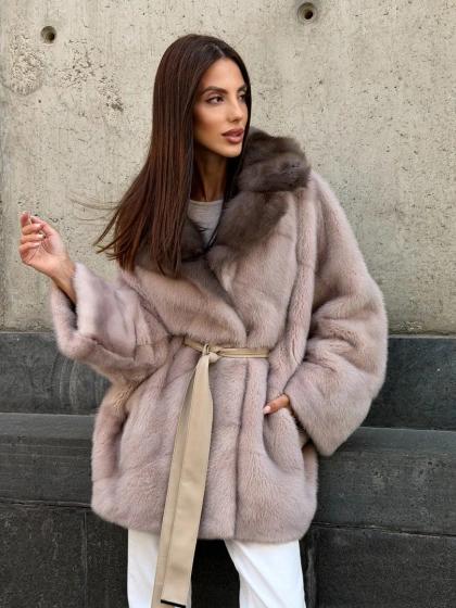 Шуба из меха норки автоледи - воротник куница - фото 17