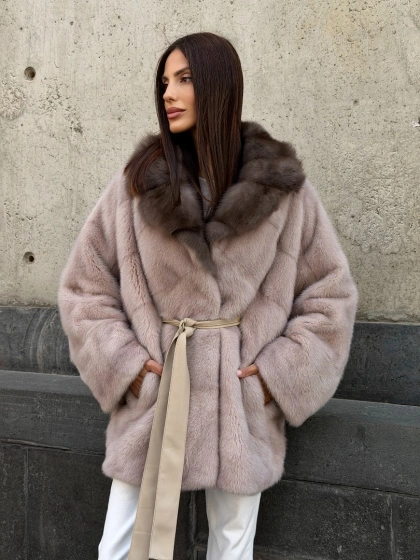 Шуба из меха норки автоледи - воротник куница - фото 14