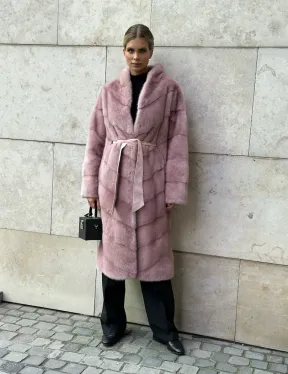 Шуба норковая с поясом - цвет розовый фламинго