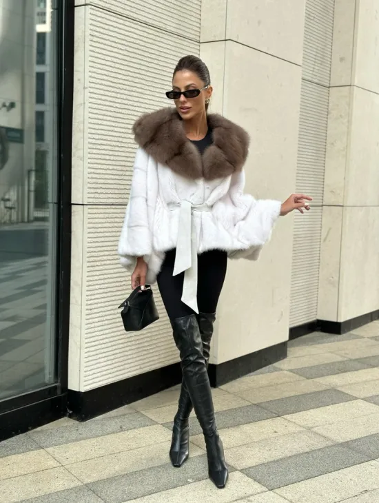 Шуба норковая пончо капюшон куница - белый жемчуг