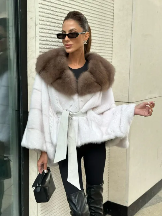 Шуба норковая пончо капюшон куница - белый жемчуг