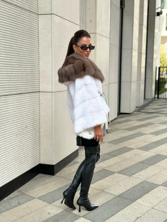 Шуба норковая пончо капюшон куница - белый жемчуг