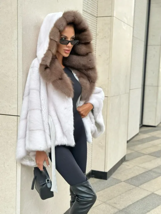 Шуба норковая пончо капюшон куница - белый жемчуг