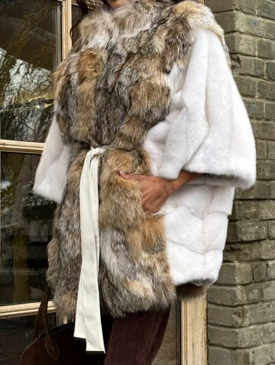 Норковая шуба летучая мышь, отделка из меха рыси