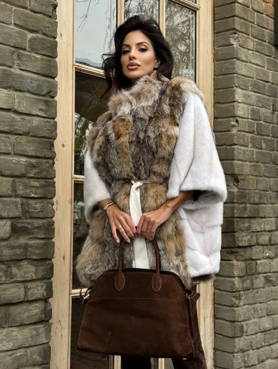 Норковая шуба летучая мышь, отделка из меха рыси