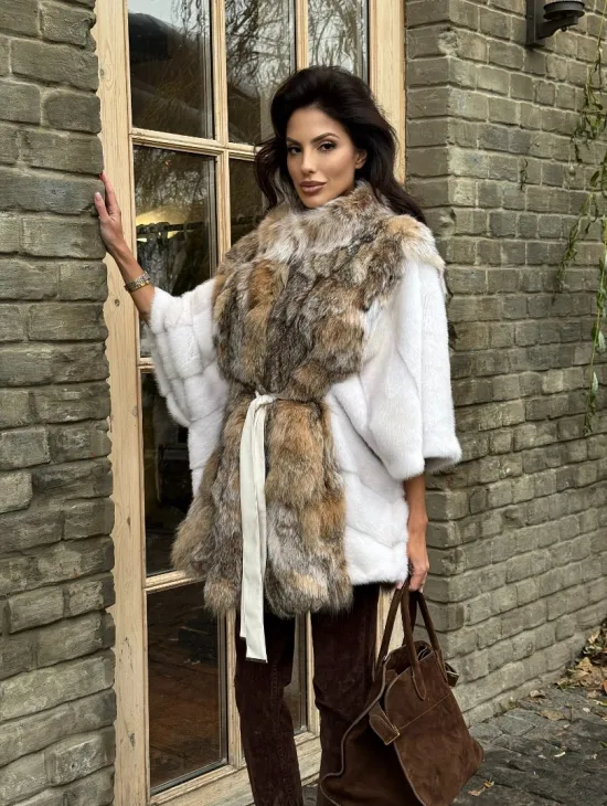 Норковая шуба летучая мышь, отделка из меха рыси