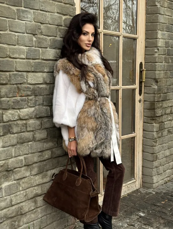 Норковая шуба летучая мышь, отделка из меха рыси