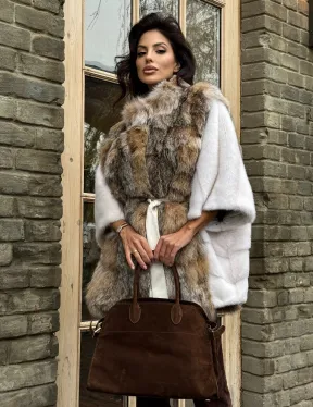 Норковая шуба летучая мышь, отделка из меха рыси