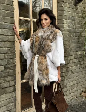 Норковая шуба летучая мышь, отделка из меха рыси