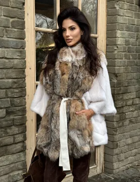 Норковая шуба летучая мышь, отделка из меха рыси
