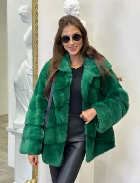 Норковый полушубок с капюшоном - цвет изумруд