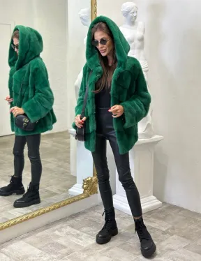 Норковый полушубок с капюшоном - цвет изумруд