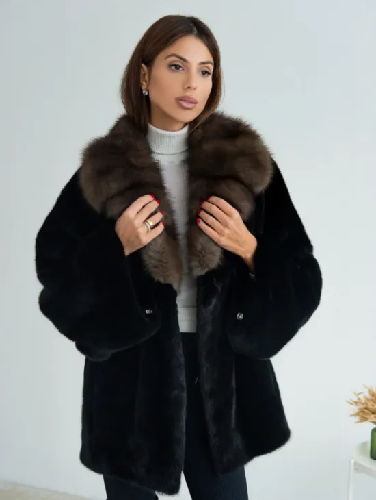 Норковая шуба Blackglama, английский воротник из меха куницы