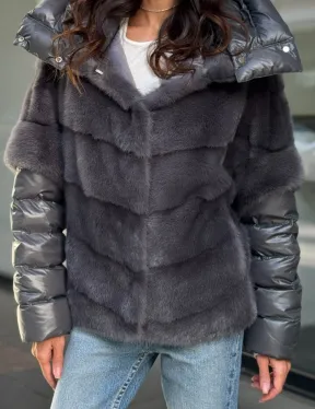 Норковый пуховик/жилет 2в1 - светлый графит