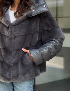 Норковый пуховик/жилет 2в1 - светлый графит