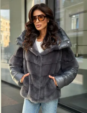 Норковый пуховик/жилет 2в1 - светлый графит