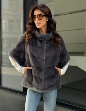 Норковый пуховик/жилет 2в1 - светлый графит