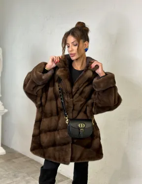 Шуба из аукционной норки английский воротник - цвет орех