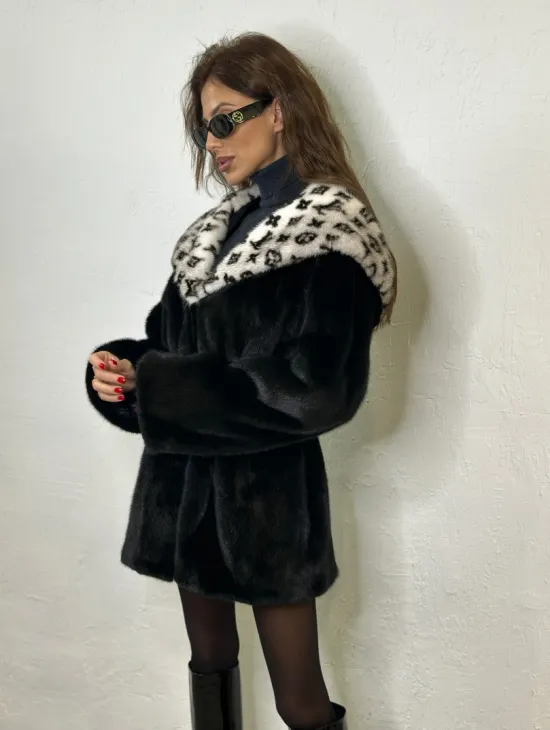 Черная норковая шуба, капюшон с принтом Louis Vuitton