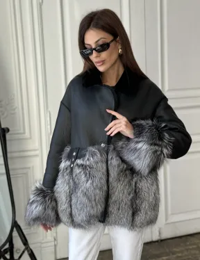 Дубленка с мехом чернобурки - цвет черный