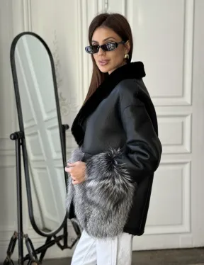 Дубленка с мехом чернобурки - цвет черный