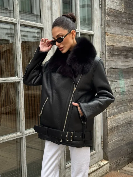 Дубленка из натуральной овчины с мехом песца