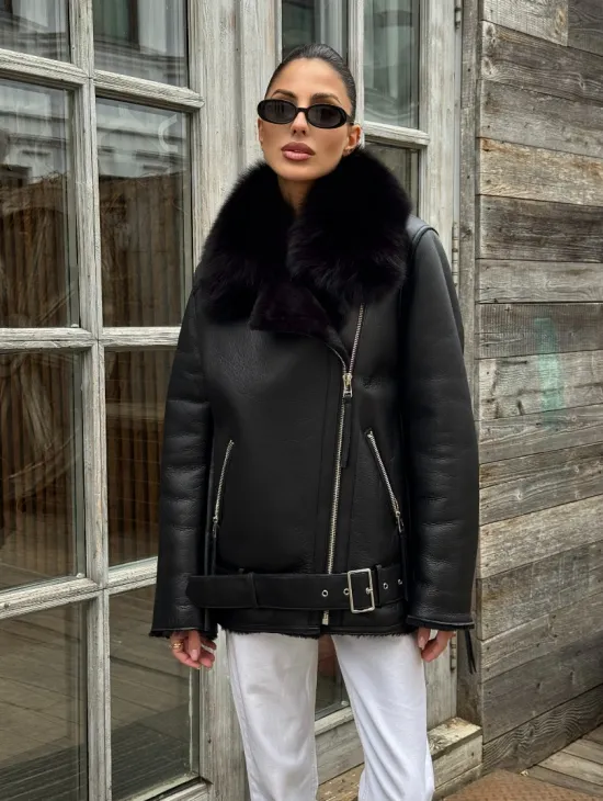 Дубленка из натуральной овчины с мехом песца