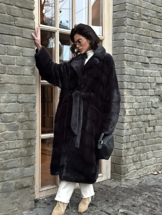 Шуба Халат из меха норки с английским воротником - цвет темный графит